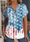 Modlily Blue Flag Print Short Sleeve V Neck T Shirt - S