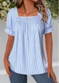 Modlily Blue Striped Short Sleeve Square Neck Blouse - S
