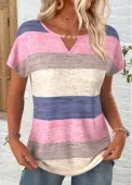 Modlily Multi Color Striped Short Sleeve Round Neck T Shirt - L