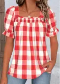 Modlily Red Plaid Short Sleeve Square Neck Blouse - S