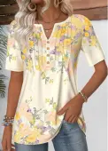 Modlily Light Yellow Short Sleeve Split Neck T Shirt - M