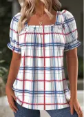 Modlily White Plaid Short Sleeve Square Neck T Shirt - XL