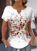Modlily White Geometric Print Short Sleeve Round Neck T Shirt - M