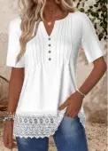 Modlily White Embroidery Short Sleeve Split Neck T Shirt - M