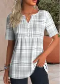 Modlily Grey Tuck Stitch Plaid Short Sleeve T Shirt - L