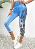 Modlily Light Blue Floral Print Skinny Elastic Waist Pants - 2XL