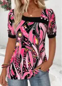 Modlily Pink Geometric Print Short Sleeve Asymmetrical Neck T Shirt - L