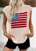 Modlily Beige American Flag Print Sleeveless Round Neck Tank Top - M