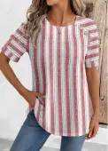 Modlily Brick Red Geometric Print Short Sleeve Round Neck Blouse - XXL