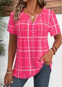 Modlily Hot Pink Plaid Short Sleeve Split Neck Shirt - M