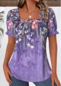 Modlily Purple Floral Print Short Sleeve Square Neck Blouse - S