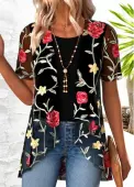 Modlily Black Floral Print Short Sleeve Cardigan and Tank Top - S