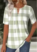 Modlily Light Green Plaid Short Sleeve Split Neck T Shirt - M