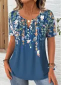 Modlily Peacock Blue Floral Print Short Sleeve T Shirt - S