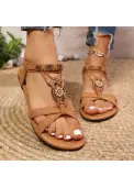 Modlily Dark Camel Peep Toe Falt Sandals - 39