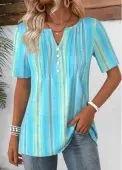 Modlily Blue Geometric Print Short Sleeve Split Neck T Shirt - S