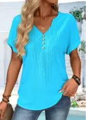 Modlily Blue Button Short Sleeve Split Neck T Shirt - M
