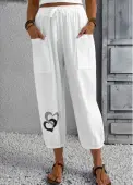 Modlily White Heart Print Jogger Elastic Waist High Waisted Pants - L