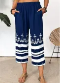 Modlily Dark Blue Tribal Print Straight Leg Elastic Waist Pants - 4XL