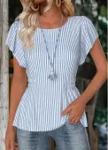 Modlily Dusty Blue Striped Short Sleeve Round Neck Blouse - M