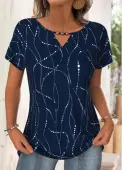 Modlily Navy Geometric Print Short Sleeve Round Neck T Shirt - XXL