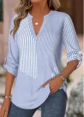 Modlily Blue Striped 3/4 Sleeve Split Neck Shirt - XXL