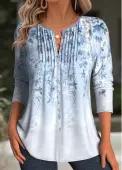 Modlily Light Blue Floral Print Long Sleeve T Shirt - L