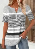 Modlily Light Grey Marl Striped Short Sleeve T Shirt - M