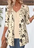 Modlily Beige Leaf Print 3/4 Sleeve Light Cardigan - S