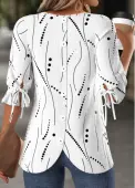 Modlily White Geometric Print Half Sleeve Round Neck T Shirt - M