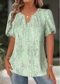 Modlily Light Green Geometric Print Short Sleeve Split Neck Blouse - M