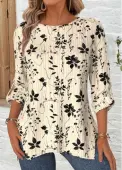 Modlily Beige Floral Print Long Sleeve Round Neck Blouse - M