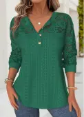 Modlily Green 3/4 Sleeve Split Neck T Shirt - L