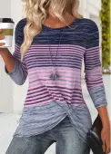 Modlily Purple Striped Long Sleeve Round Neck T Shirt - L