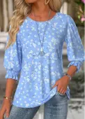 Modlily Blue Ditsy Floral Print 3/4 Sleeve Round Neck Blouse - XXL