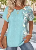 Modlily Blue Floral Print Short Sleeve Round Neck T Shirt - M