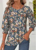 Modlily Multi Color Floral Print 3/4 Sleeve Round Neck Blouse - XXL