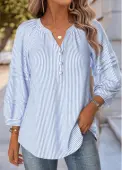 Modlily Blue Striped 3/4 Sleeve Split Neck Blouse - S