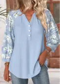Modlily Blue Floral Print 3/4 Sleeve Split Neck Blouse - XXL