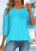 Modlily Cyan 3/4 Sleeve Round Neck Blouse - XL