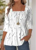 Modlily White Geometric Print Long Sleeve Square Neck Blouse - S