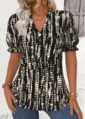 Modlily Black Geometric Print Short Sleeve Stand Collar Blouse - L