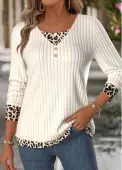 Modlily Beige Leopard Long Sleeve V Neck T Shirt - M
