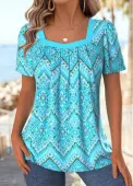 Modlily Cyan Geometric Print Short Sleeve Square Neck T Shirt - S