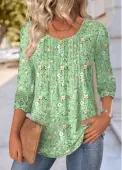 Modlily Light Green Ditsy Floral Print 3/4 Sleeve T Shirt - M