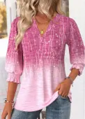 Modlily Pink Tummy Coverage Ombre 3/4 Sleeve Split Neck Blouse - XXL