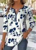 Modlily Navy Floral Print Long Sleeve Split Neck T Shirt - XL