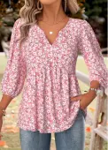 Modlily Pink Ditsy Floral Print 3/4 Sleeve Split Neck Blouse - XL