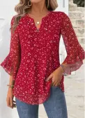 Modlily Red Floral Print 3/4 Sleeve Split Neck Blouse - XXL