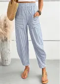 Modlily Dusty Blue Striped Elastic Waist High Waisted Pants - L